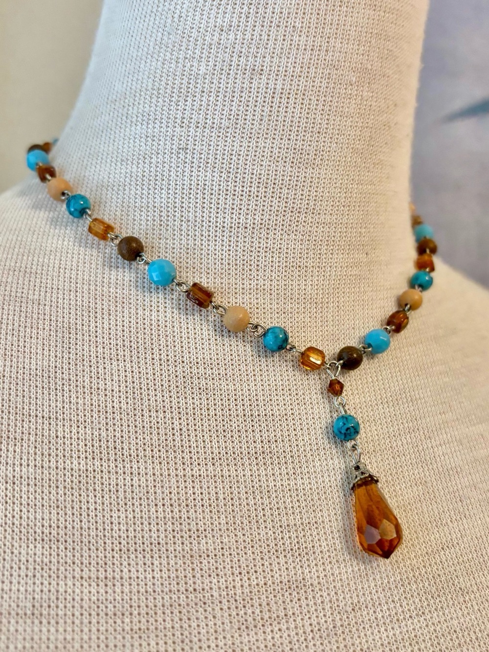 Turquoise & Amber Colour Beaded Necklace with Drop Pendant